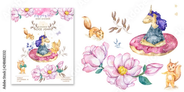 Fototapeta Magical time card set. Card, label and poster for printing. Magic illustration with unicorn and different elements of fairy tales. Poster for children bedroom. Invitation for kids party.