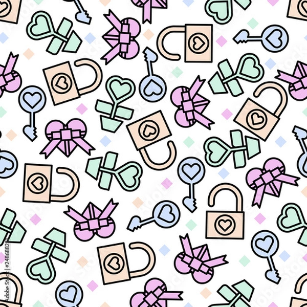 Obraz Cute objects and elements in seamless patterns background for Valentine’s day..
