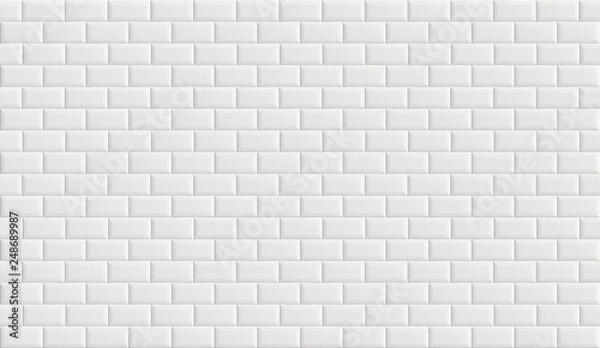 Fototapeta White rectangle mosaic tiles with cracks on surface. White tiles texture background. Horizontal picture.