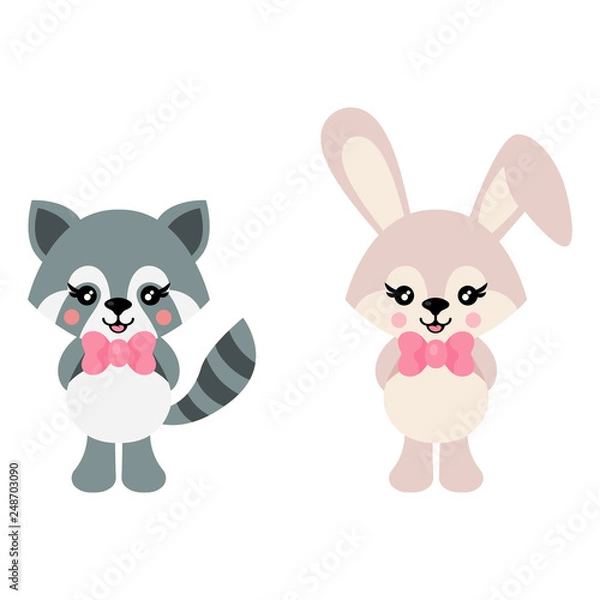 Obraz cartoon cute bunny and raccoon with tie