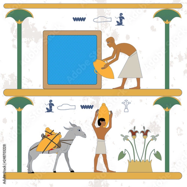 Fototapeta Ancient egypt background. Man taking water from a well. Water carrier and donkey with water jug compostion. Historical background. Ancient people