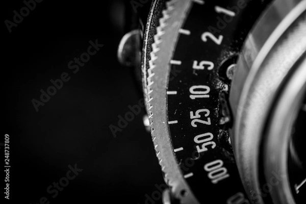 Fototapeta closeup of a lens of analogue camera. instantaneity  settings concept 