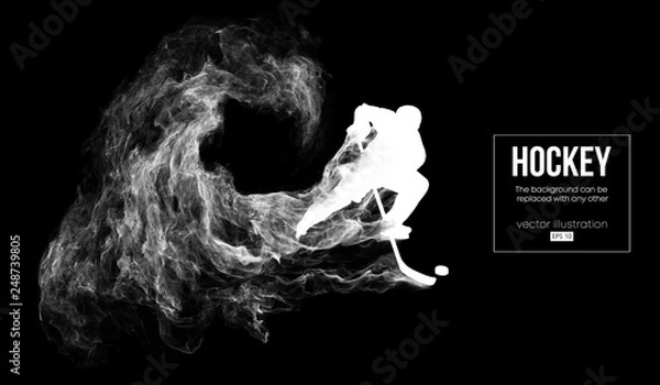 Obraz Abstract silhouette of a hockey player on dart, black background from particles, dust, smoke, steam. Hockey player hits the puck. Background can be changed to any other. Vector illustration