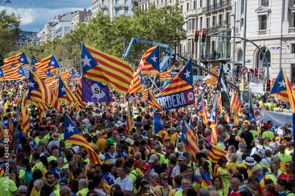 Fototapeta People wave 'Esteladas' (pro-independence Catalan flags) as they gather during a pro-independence demonstration, on September 11, 2017 in Barcelona during the National Day of Catalonia, the 'Diada'.