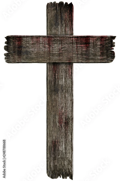 Fototapeta Krwawe tło straszny stary grunge drewniany krzyż cmentarz na białym tle na białym tle, pojęcie horroru i Halloween