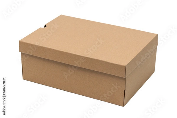 Fototapeta Brown cardboard shoes box with lid for shoe or sneaker product packaging mockup, isolated on white with clipping path.