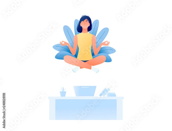 Fototapeta Young woman doing yoga and get calm in office and find new ideas for work. Finding solutions through meditation. Relax, meditation, good time management concept. Flat Vector illustration.