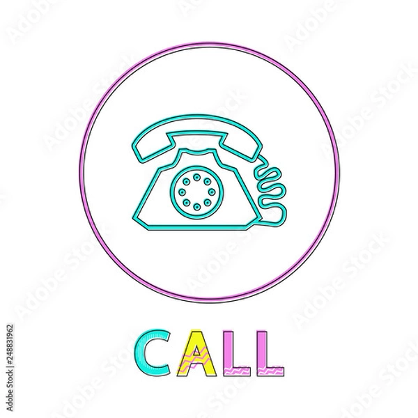 Fototapeta Call web button linear bright outline template with old telephone inside circle. Communication symbol for online sites isolated vector illustration.