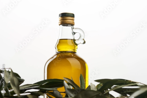 Obraz olive tree leaves and bottle of oil isolated on grey
