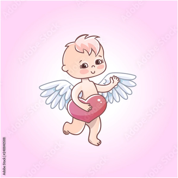 Fototapeta Angel baby with heart in hands on a white background. Greeting card for Valentine's day.