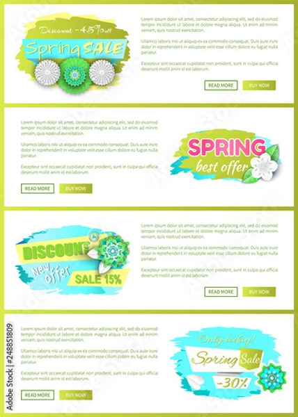 Fototapeta Promo price, web page template, tag and blooming plant, vector. Spring sale discount, best offer promotion leaflets with text sample and push buttons