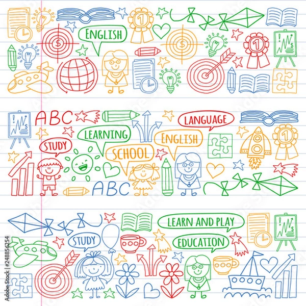 Obraz Vector set of learning English language, children's drawingicons icons in doodle style. Painted, colorful, pictures on a piece of linear paper on white background.
