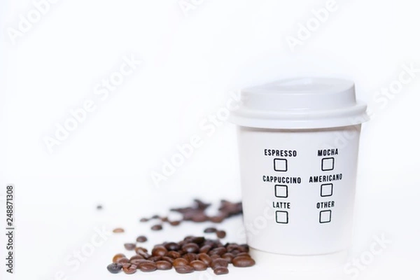 Fototapeta Paper coffee cup take away with coffee beans isolated on white background