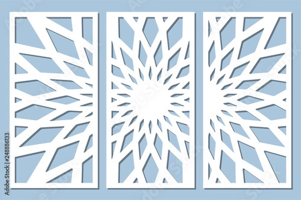 Fototapeta Set decorative card for cutting. Geometry, line, flower pattern. Laser cut panel. Ratio 1:2. Vector illustration.