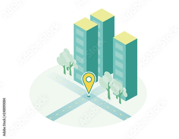 Fototapeta Isometric pin. Vector art in isometric style buildings and location. Illustration in blues tones in 3d/ Simple flat and clean