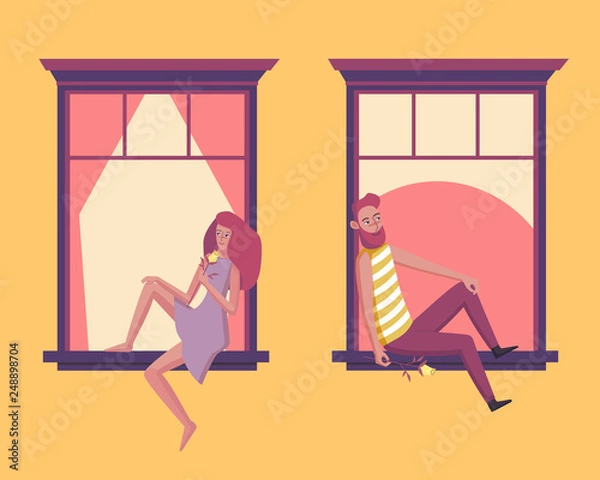 Fototapeta Couple in love in the window. Lovely young girl and man holding flower. Design for romantic card. Vector illustration.