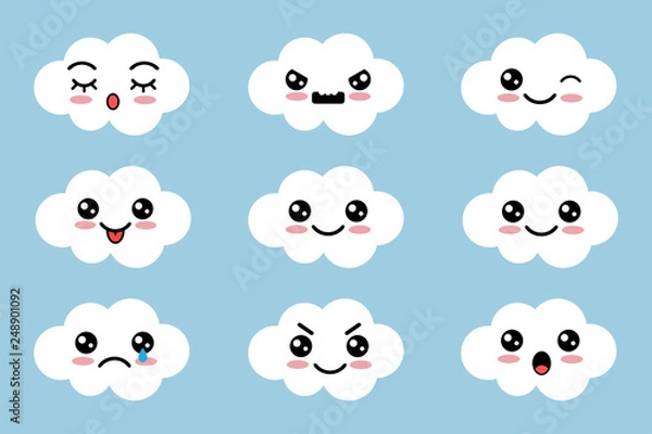 Fototapeta Set of cloud with different mood. Kawaii with different faces expressions