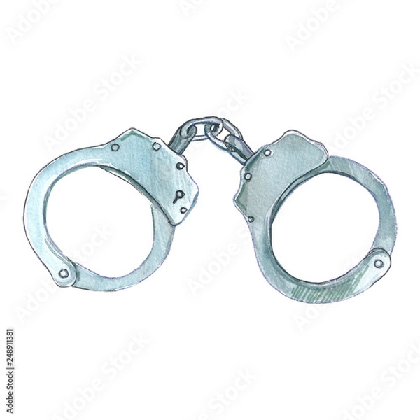 Fototapeta Crime and Law Concept. Metal Handcuffs on a white background. Watercolor illustration, iron handcuffs of policemen