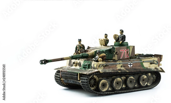 Obraz Old toy. Military tank with soldiers. Isolated on a white background.