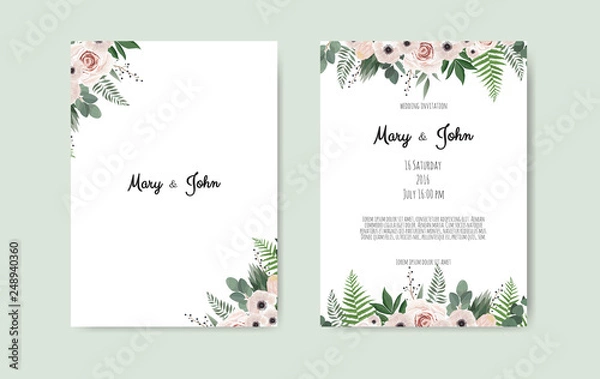 Obraz Card with flower rose, leaves. Wedding ornament concept. Floral poster, invite.