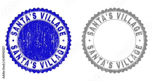 Fototapeta Grunge SANTA'S VILLAGE stamp seals isolated on a white background. Rosette seals with distress texture in blue and gray colors.