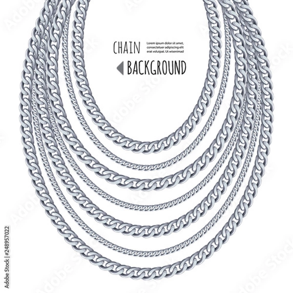 Fototapeta Silver chains necklace abstract background. Jewelry template. Can be used for clothes print. Vector