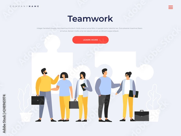 Fototapeta Landing page template. Teamwork. Meeting business people. The team young businessmen discusses discussing new projects. Solution of business problems. Vector flat illustration.