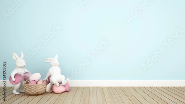 Fototapeta Rabbit puppets hold eggs and sit on eggs in a light blue room. 3D illustration for Easter day artwork.