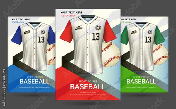Fototapeta Flyer & Poster Cover design template with Baseball jersey and t-shirt sport mockup uniform, Editable graphic element in red, blue and green colors. (EPS10 vector fully editable and color change)