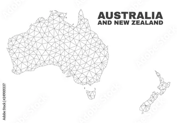 Fototapeta Abstract Australia and New Zealand map isolated on a white background. Triangular mesh model in black color of Australia and New Zealand map.