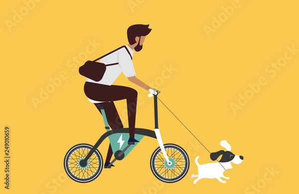 Fototapeta Cartoon picture with man riding fast modern electric bicycle. Enjoying futuristic bike ride and he's walking the dog. Flat style vector illustration.  Yellow Background.