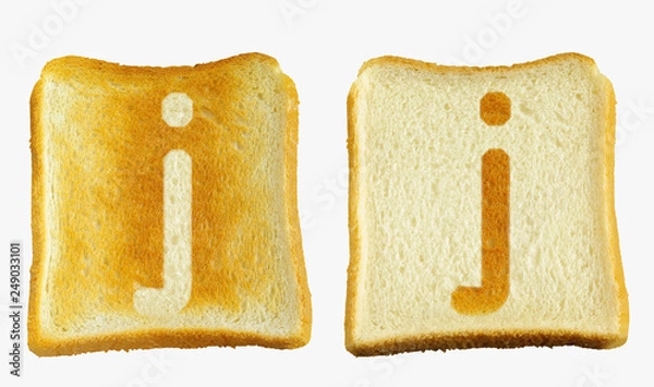 Fototapeta トーストに白い小文字のjと白いパンに小文字のjの焼き目が入った2枚のパン