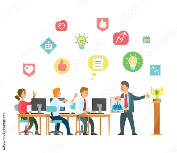 Obraz People at work, business  conference vector. Coworkers sitting by table listening to boss, seminar of businessman. Icons with likes and thumbs up