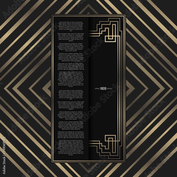 Obraz Vector card. Art Deco style. Dark golden geometric frame on black background. Luxury menu concept. Opera ticket. Art Deco lines with space for text.