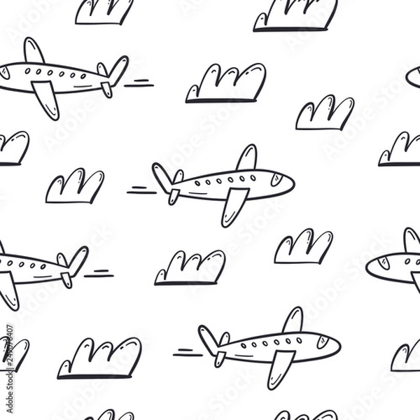 Fototapeta Plane and cloud seamless pattern. Vector hand drawn illustration.