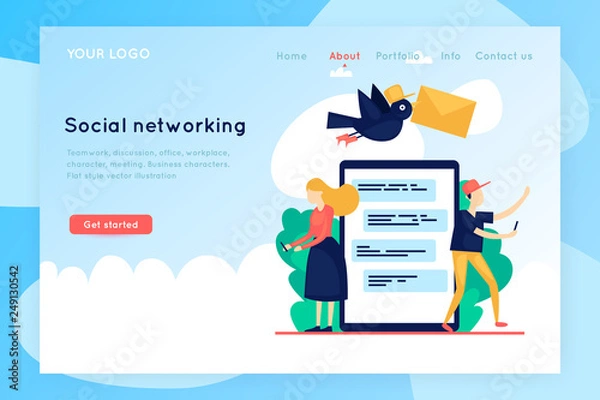 Fototapeta Site template. Social networking, correspondence. Group of people with devices. Virtual communication. Landing Page template. Vector illustration