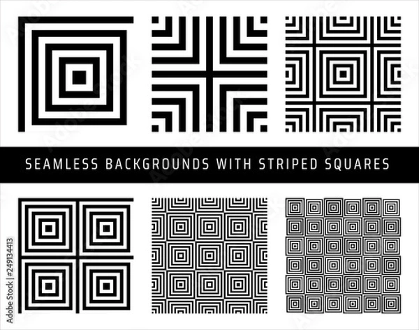 Fototapeta Set of seamless patterns with black white checked squares and striped lines. Optical illusion effects. Geometric tiles in op art style. Vector illusive backgrounds, textures.