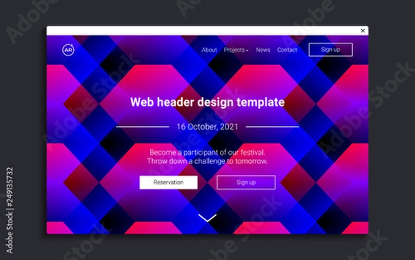 Obraz Web header design template with color geometric background. Design of main page website, landing page, wallpaper. Futuristic technologic texture with colorful bright gradient hexagons and rhombuses.