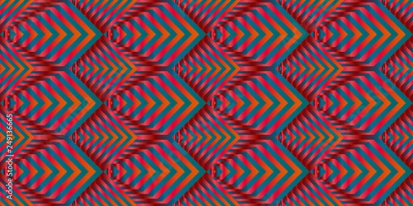 Fototapeta Vector seamless pattern with gradient color lines. Effect of optical illusion. Multicolored scales of striped hexagons and rhombuses. Op art kinetic background.