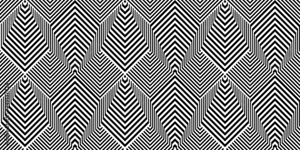 Obraz Seamless pattern with black white lines. Vector scales of striped hexagons and rhombuses. Op art background. Industrial technologic texture.