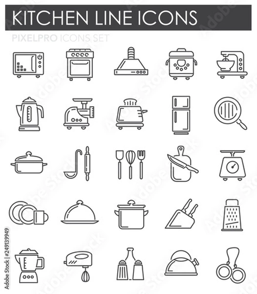Obraz Kitchen appliances line icons set on white background for graphic and web design, Modern simple vector sign. Internet concept. Trendy symbol for website design web button or mobile app