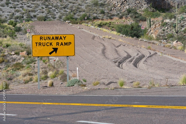 Fototapeta Runaway truck ramp in the mountains that shows singns of recent use