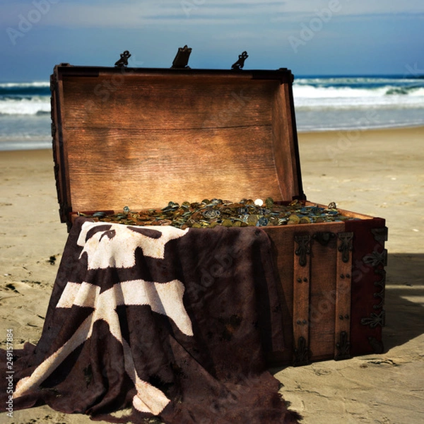 Fototapeta Pirate chest on the beach filled with gold coins . 3d rendering