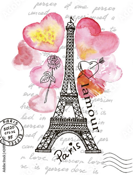 Obraz Wieża Eiffla na tle akwarela serca.