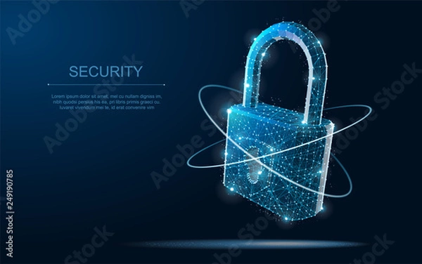 Fototapeta Security Lock. Polygonal wireframe mesh looks like constellation on dark blue night sky with dots and stars.