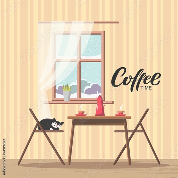 Fototapeta Dining room interior background with table and chairs near window with snowy view, dishes - kettle, coffee mug on table. Cat sleeping. Coffee time lettering, hand drawn word. Modern flat style vector