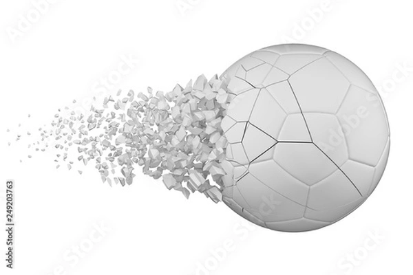 Fototapeta Shattering soccer ball 3D realistic raster illustration. Football ball with explosion effect. Broken isolated design element.