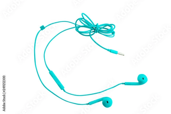 Fototapeta Beautiful blue headphones for smartphones, tablets, music players and a computer with a headset, on a white isolated background