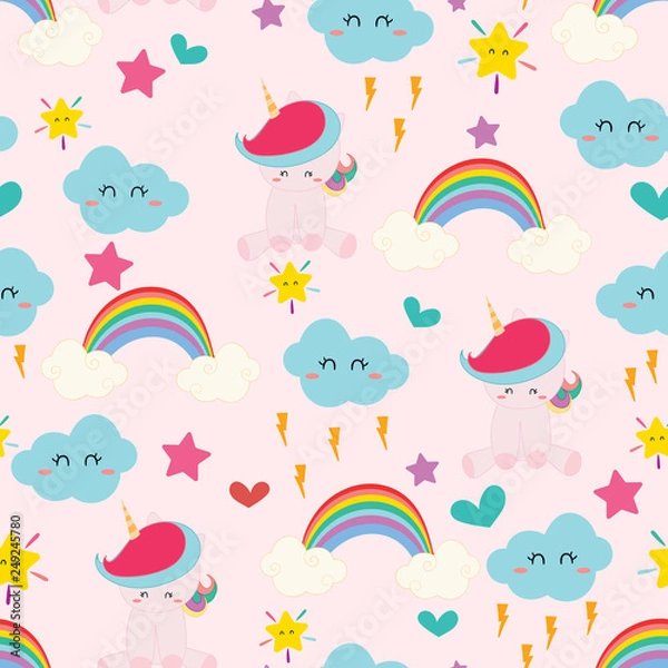 Obraz Cute unicorn seamless pattern background, t-shirt, card. Vector