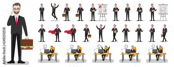Fototapeta Set of characters of a businessman in a suit on a white background in various poses. Vector flat illustration.